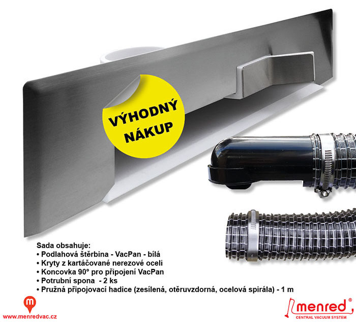 Podlahová štěrbina VacPan - Nerez / Bílá - Instalační komplet s nerezovým celokrytem a flexi hadicí s koncovkami.