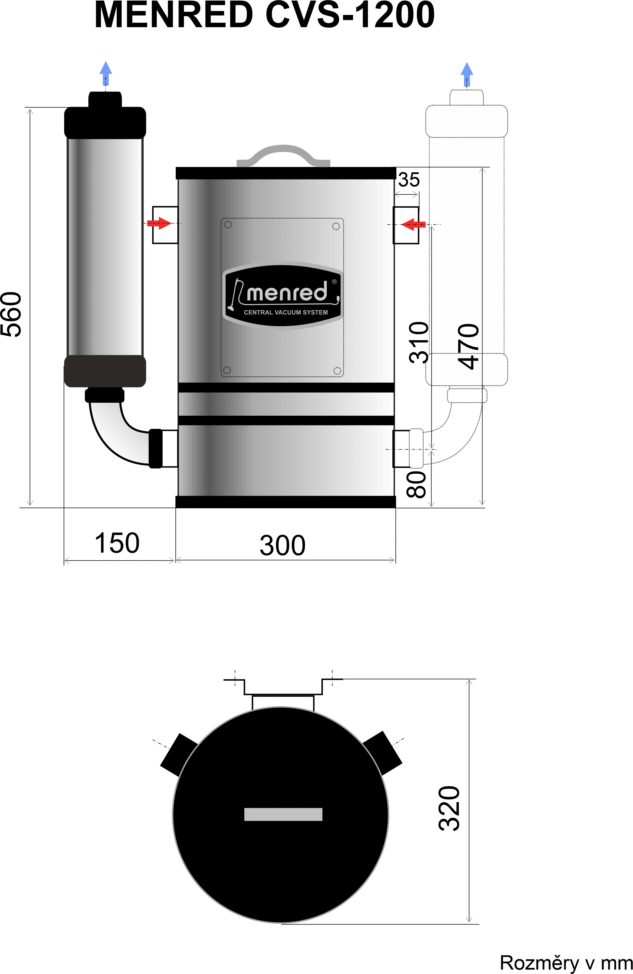 Centrální vysavač MENRED CVS-1200 + Sada příslušenství ELITE s hadicí 9,1 m (12 ks), Instalační sada potrubí: 12 m - 1x zásuvka.