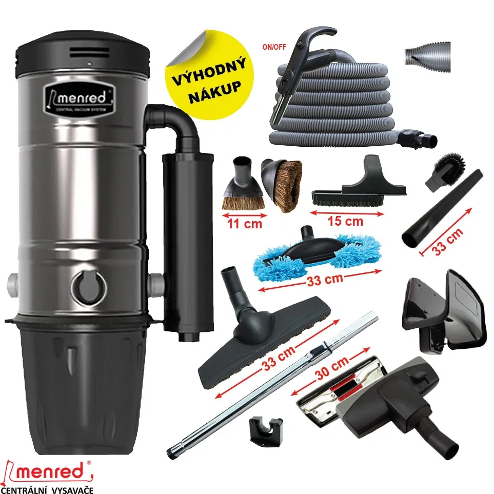 Centrální vysavač MENRED CVS-1800BP Plus (770 AW) + Sada příslušenství pro centrální vysávání PREMIUM s hadicí 9,1 m (11 ks).