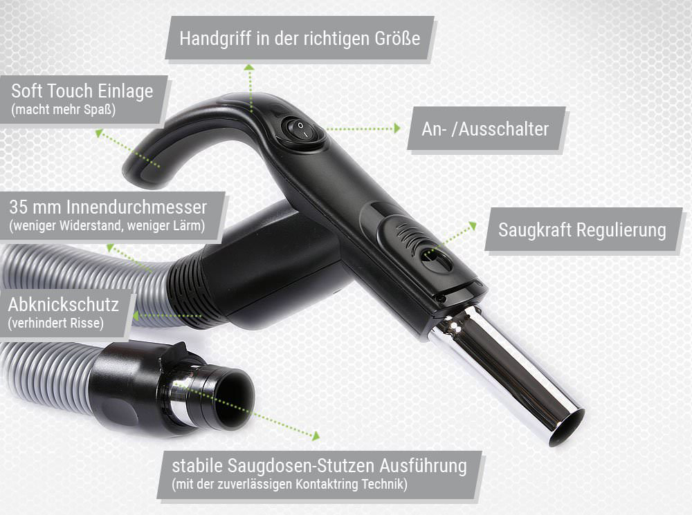 Sací hadice Cyclovac s vypínačem (OFF/ON) a ergonomickou rukojetí, délka 12,2 m (červená/stříbrná).