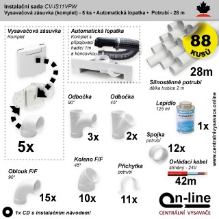 Instalační komplet centrálního vysávání - zásuvka (5 ks), podlahová štěrbina (1 ks), potrubí (28 m), potrubní díly (88 dílů). Určeno pro centrální vysavače a centrální vysávání.