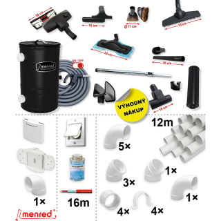 Centrální vysavač MENRED CVS-1200 + Sada příslušenství ELITE s hadicí 9,1 m (12 ks), Instalační sada potrubí: 12 m - 1x zásuvka.