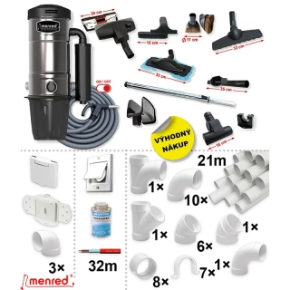 Centrální vysavače MENRED CVS-1800BP PLUS (770 AW) + Sada příslušenství ELITE s hadicí 9,1 m (12 ks), Instalační sada potrubí: 21 m - 3x zásuvka.