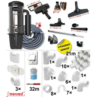 Centrální vysavač MENRED CVS-1800BP PLUS (770 AW) + Sada příslušenství STANDARD s hadicí 9,1 m (10 ks), Instalační sada potrubí: 21 m - 3x zásuvka.