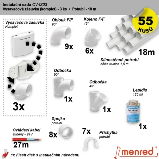 Instalační komplet centrálního vysávání - zásuvka (3 ks), potrubí (18 m), potrubní díly (55 dílů).