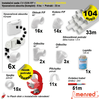 Instalační komplet centrálního vysávání - zásuvka (6 ks), řezák potrubí(1 ks), potrubí (33 m), potrubní díly (104 dílů).