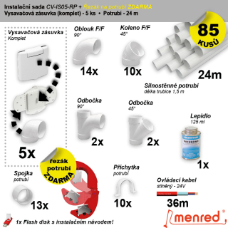 Instalační komplet centrálního vysávání - zásuvka: (5 ks), řezák potrubí(1 ks), potrubí (24 m), potrubní díly (85 dílů).