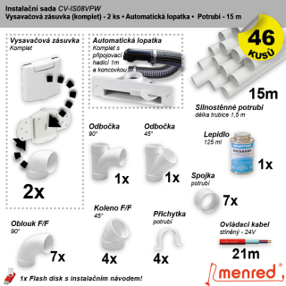 Instalační komplet centrálního vysávání - zásuvka (2 ks), podlahová štěrbina (1 ks), potrubí (15 m), potrubní díly (46 dílů).