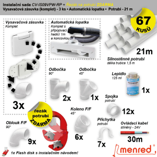 Instalační komplet centrálního vysávání - zásuvka (3 ks), podlahová štěrbina (1 ks), řezák potrubí(1 ks), potrubí (21 m), potrubní díly (67 dílů).