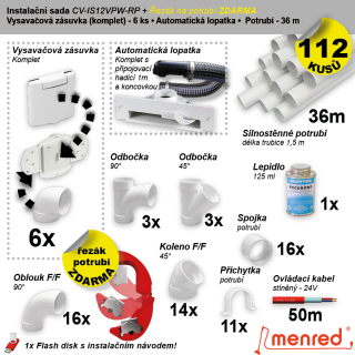Instalační komplet centrálního vysávání - zásuvka (6 ks), podlahová štěrbina (1 ks), řezák potrubí(1 ks), potrubí (36 m), potrubní díly (112 dílů).