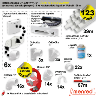 Instalační komplet centrálního vysávání - zásuvka (6 ks), podlahová štěrbina (1 ks), podlahová štěrbina (1 ks), řezák potrubí(1 ks), potrubí (39 m), potrubní díly (123 dílů).