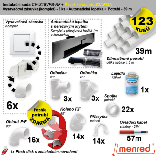 Instalační komplet centrálního vysávání - ASKO zásuvka (6 ks), nerez. podlahová štěrbina (1 ks), podlahová štěrbina (1 ks), řezák potrubí(1 ks), potrubí (39 m), potrubní díly (123 dílů).