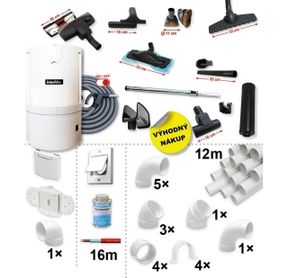 Centrální vysavače Condovac 660 (660 AW) + Sada příslušenství ELITE s hadicí 9,1 m (12 ks), Instalační sada potrubí: 12 m - 1x zásuvka.