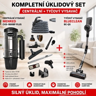Centrální vysavač MENRED CVS-1800BP s příslušenstvím (10 ks) + aku tyčový vysavač BlueClean BC-Q5